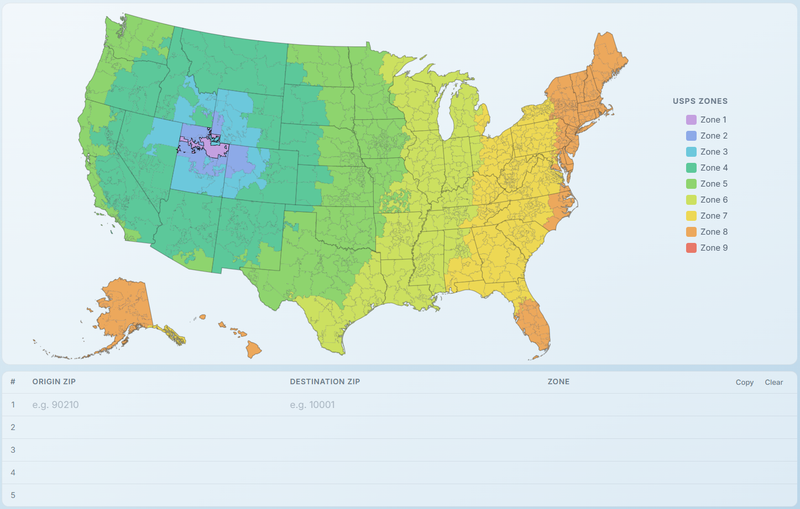 Zone Map Explorer showing USPS shipping zones across the US